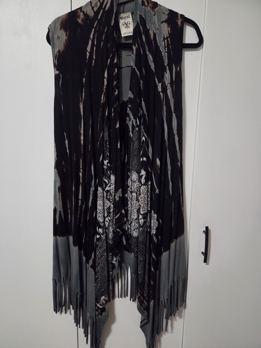 Vocal Black and Gray Fringe Open Front Vest